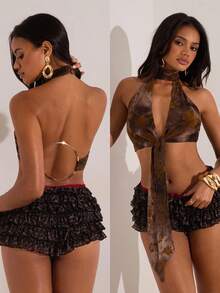 Opulessa Women's Brown 70s Summer Backless Round Ring Crop Top,Elegant Random Print Party Club Night Tops,Halloween Fall Winter Graduation Prom - Brown - View 3