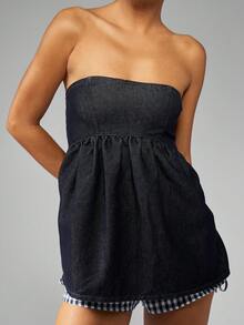 MISSGUIDED Denim Empire Waist Strapless Bandeau Top With Gingham Trim Summer Casual Festival Corset Style Tube Top Contrast Details