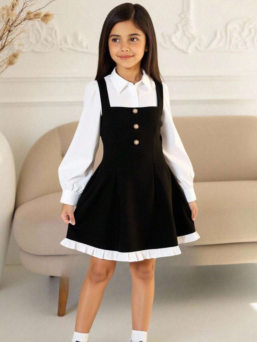 SHEIN Đầm dài tay ngắn đơn giản thoải mái, cổ bẻ, viền bèo nhún, màu sắc tương phản, dành cho bé gái tuổi teen - Đen và trắng - Xem 1