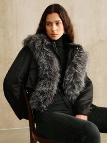 Anewsta Women's Casual Fashion Street Patchwork Faux Fur Hooded Cropped Jacket, Autumn/Winter - Black - View 11