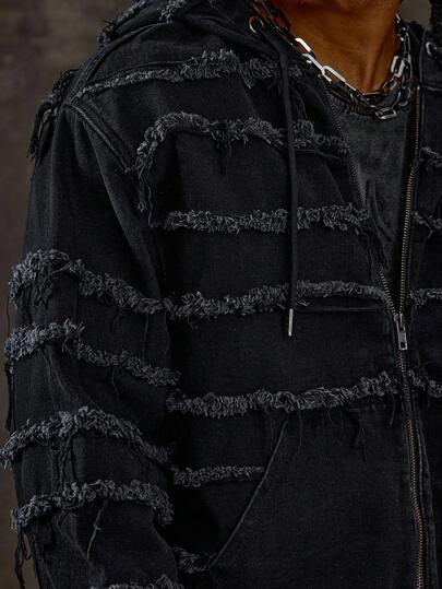 Street Life Men's Frayed Hooded Zip-Up Denim Jacket