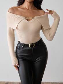 Chiquease Off Shoulder Chain Metal Design Long Sleeve Sweater, Fashionable - Apricot - View 6