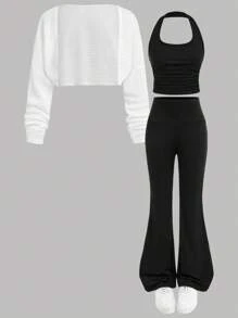 Girlism Bộ 3 món áo khoác cardigan dáng rộng màu trắng trơn, thiết kế thường ngày, cổ yếm xếp ly, eo đen cho bé gái, thích hợp mặc vào mùa xuân, thu, đông, mùa tựu trường, lễ hội, trang phục gia đình ngoài trời hàng ngày, thích hợp cho nhiều dịp khác nhau - Đen và trắng - Xem 14