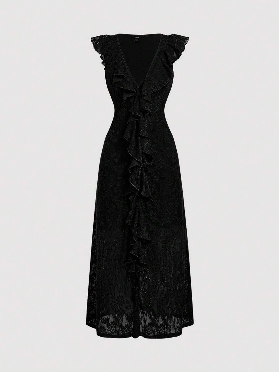 SHEIN MOD 女式纯色蕾丝拼布露肩中长连衣裙 - 黑色 - View 1