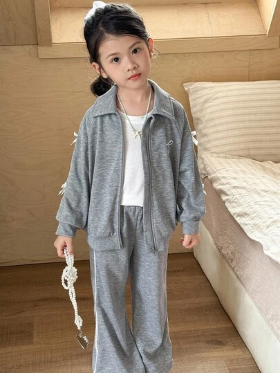 SHEIN 年轻女孩休闲蝴蝶结装饰拉链连帽夹克和喇叭裤套装