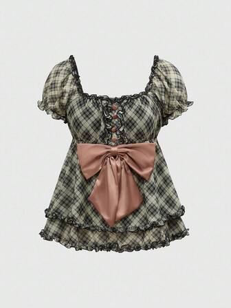 ROMWE Avant Blusa vintage da donna con stampa a quadri, scollo quadrato, maniche a palloncino, arricciature, fiocco decorativo, stile babydoll, adatta per l'estate