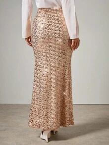 COSMINA Women's Elegant Sequin Mermaid Hem Skirt, Autumn Gold Sequin Skirt Sequin Maxi Skirt Sequin Mermaid Skirt - Champagne - View 2