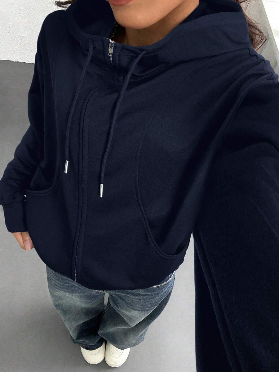 SHEIN EZwear 女式休闲拉链前口袋连帽卫衣，简约风格，长袖，海军蓝，适合毕业、返校、秋季 - 藏蓝色 - 查看 1