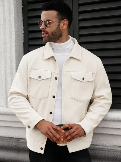 Manfinity CasualCool 大码男士纯色前扣口袋休闲长袖夹克，秋冬，灯芯绒