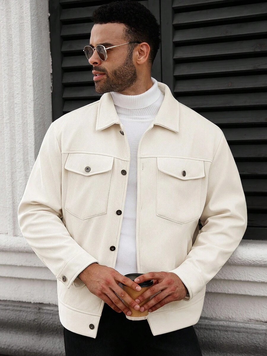 Manfinity CasualCool Plus Size Men's Solid Color Front Button Pocket Casual Long Sleeve Jacket, Fall Winter , Corduroy