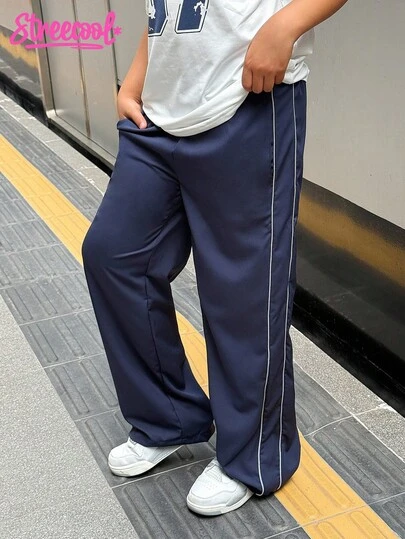 SHEIN Explorewe Tween Girls' Solid Color Elastic Waist Wide Leg Loose Casual Pants Track Pants