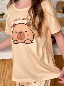 SHEIN 2件套可爱动物印花女童睡衣套装，短袖上衣和长裤 - 彩色 - 查看 5