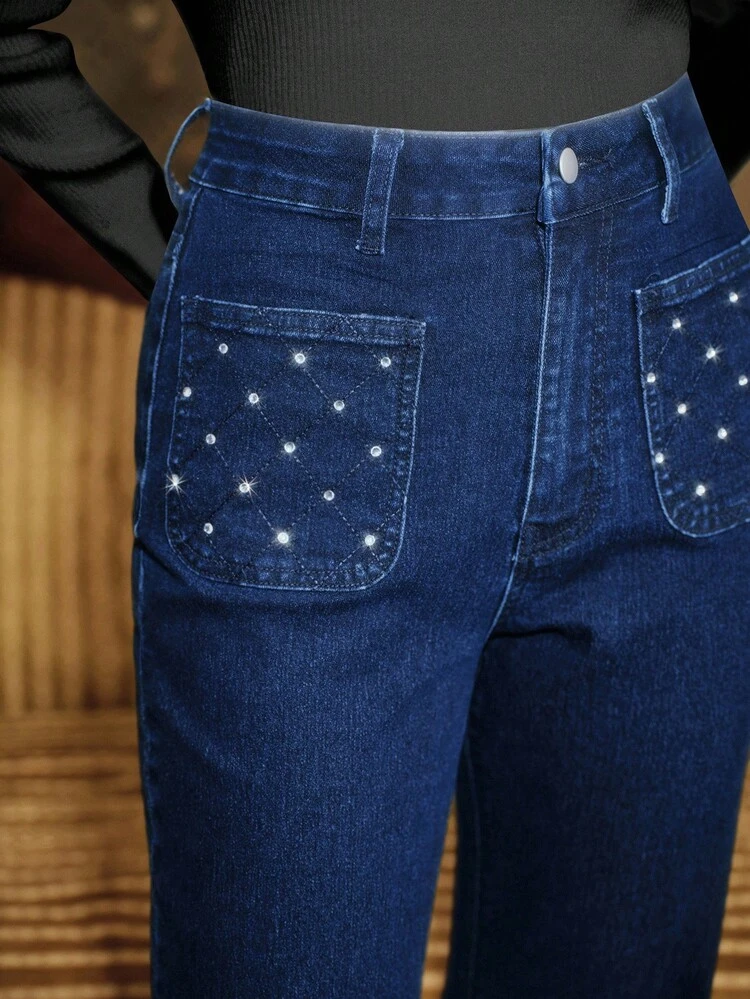 Elegant Diamond Embellished Blue Straight-Leg Jeans, Suitable For Fall, Winter, New Year, Elegant, Chic, Stylish, Christmas, Going Out, Winter Clothes For Women