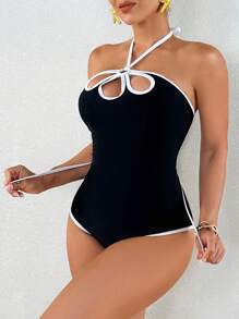 Shapewave 1pc Women's Halter Hollow Floral Petal One-Piece Swimsuit - Black and White - View 4