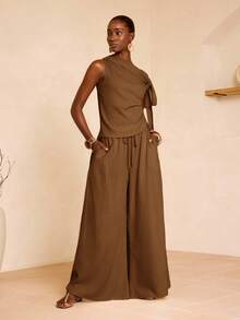 Zivah 2025夏季新款音乐节及毕业典礼休闲套装，学院风日常穿搭，度假海滩日光浴街头服饰，杏色纹理亚麻面料性感单肩蝴蝶结吊带上衣和阔腿裤两件套 - 米色 - 棕色 - 查看 6