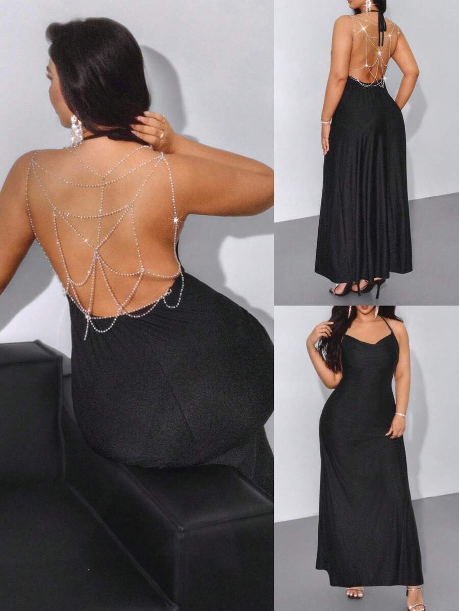 Viva Relle Vestido Preto Elegante e Sexy para Festa, Formal, Vintage, com Decote Halter, Corrente Metálica Anexada, Design de Teia de Aranha Nas Costas Abertas e Ajustado, Plus Size para Mulheres - Preto - Visão 1