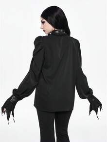 ROMWE EDITION Asymmetrical PU Bat Collar Loose Goth Blouse For Women, Suitable For Halloween - Black - View 3