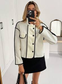 SHEIN Essnce 女士秋冬羊毛混纺撞色饰边长袖夹克 - 黑與白 - 查看 3