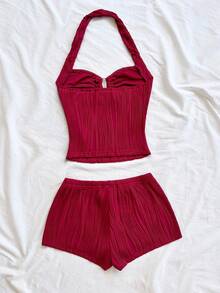 Soleia 女式纯色简约露背上衣和短裤两件套 - 酒紅色 - 查看 2