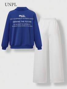 SHEIN 男童两件套服装，蓝色领 Polo 衫长袖上衣搭配白色阔腿裤，适合秋冬季休闲装、上学装、外出装 - 藍色 - 查看 2