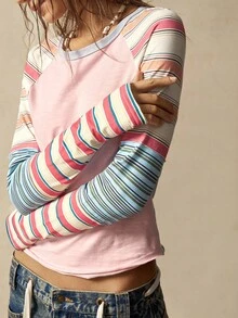 Bohemela 女士休闲针织拼布圆领长袖 T 恤 - 彩色 - 查看 7