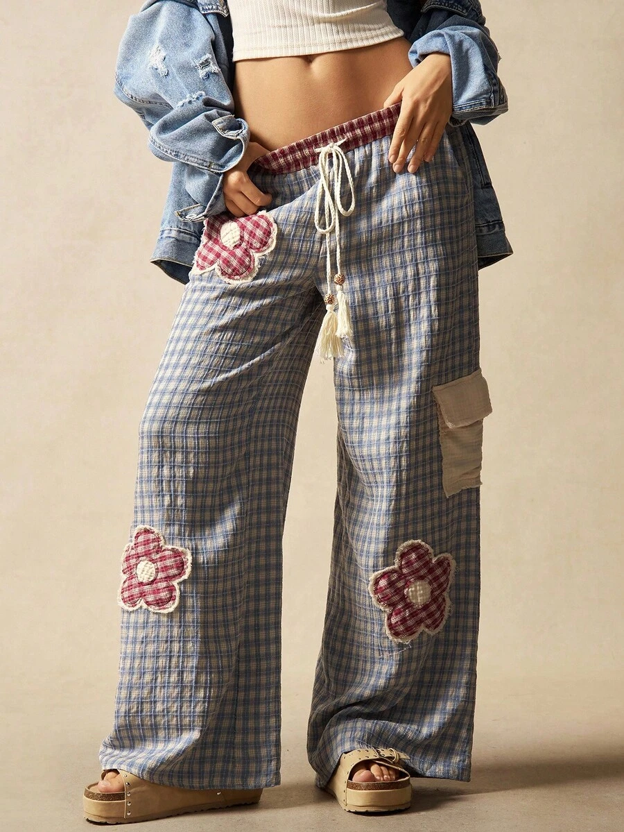 Bohemela Women's Loose Straight Leg Pants With Low Waist Gingham Patchwork, Countryside Vacation Style, Summer,Fall - Multicolor - View 1