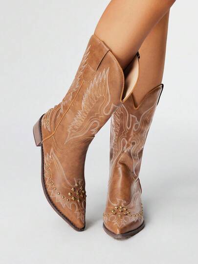 Fairycore Stivali western da donna in stile punk gotico scuro ricamati, stivali in pelle con borchie e tacco basso, color marrone, altezza polpaccio