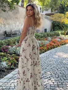 Jeta Ari Women's Ditsy Floral Ruffle Hem Sleeveless Dress, Suitable For Vacation - Apricot - View 1