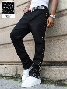 PAVTROS 男士铆钉装饰口袋休闲喇叭裤牛仔裤 男士黑色水钻牛仔裤 男士黑色铆钉牛仔裤 男士黑色银色铆钉牛仔裤 - 黑色 - 查看 4