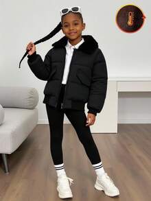 SHEIN Young Girl' Casual Cool Black Quilted Fabric Patchwork Faux Fur Collar & Lining Thick Padded Coat, Autumn/Winter Fall - Black - View 1