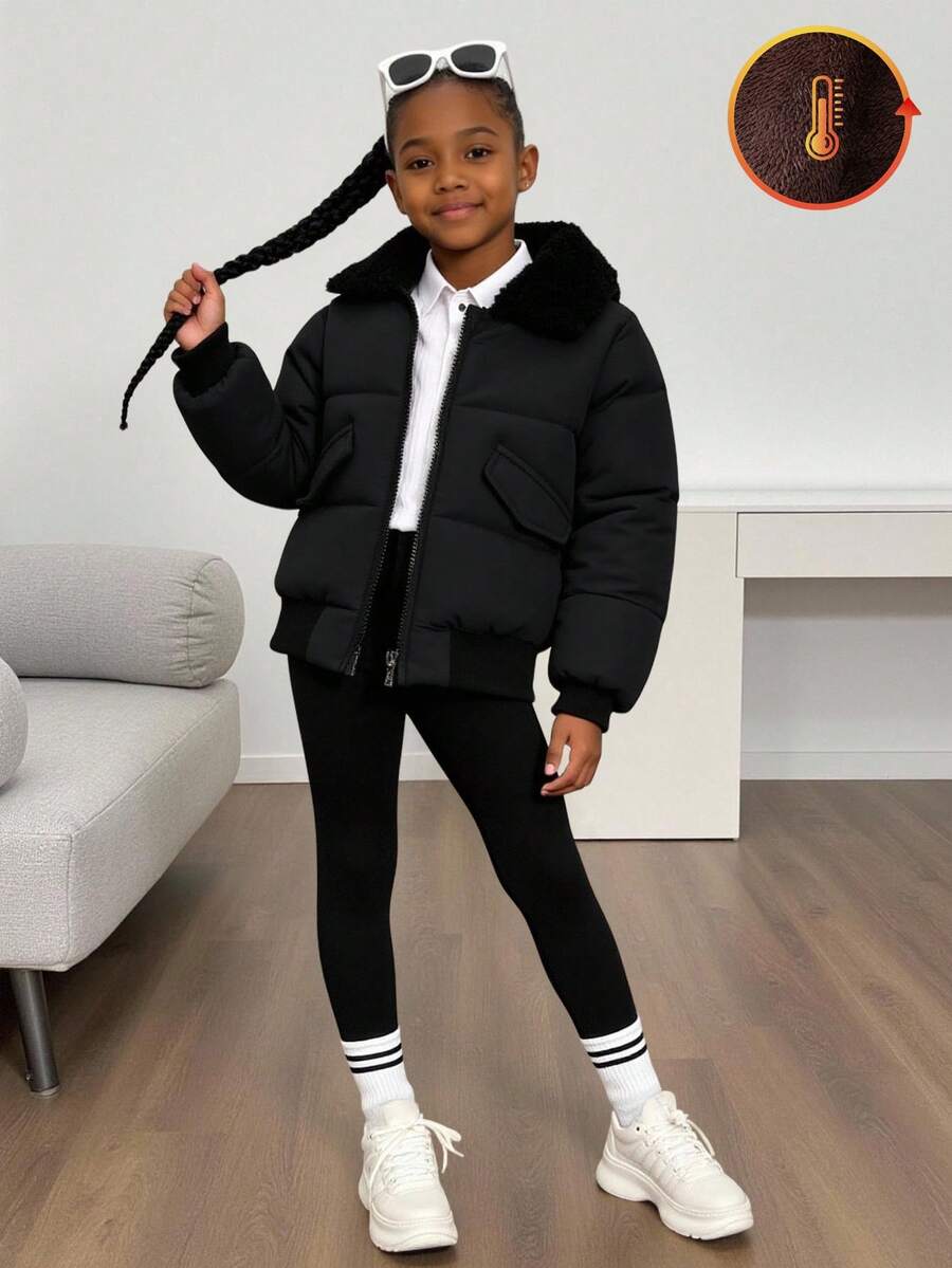 SHEIN Young Girl' Casual Cool Black Quilted Fabric Patchwork Faux Fur Collar & Lining Thick Padded Coat, Autumn/Winter Fall - Black - View 1