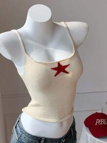 Comfortcana 女士星星图案修身针织毛衣，夏季休闲装 - 杏色 - 查看 6