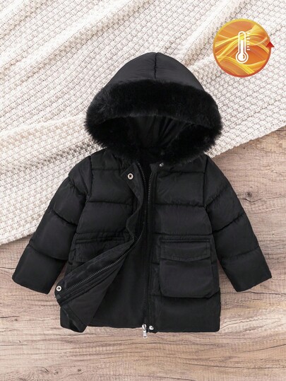SHEIN Manteau épais et matelassé pour tout-petits garçons, avec capuche et col en fourrure, vêtement d'extérieur chaud pour l'hiver, décontracté et pour l'extérieur en automne