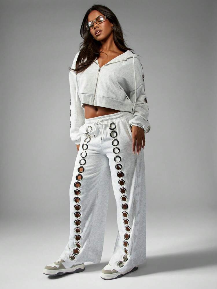 Missguided x Playboy Eyelet Detail Wide Leg Joggers High Waist Palazzo Pants Lounge Wear Casual Streetwear Festival Aesthetic Loose Fit Comfy Bottom Winter Fall