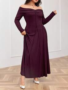 Feyla Plus Size Elegant Solid Color Off-Shoulder Dress, Autumn - Burgundy - View 6