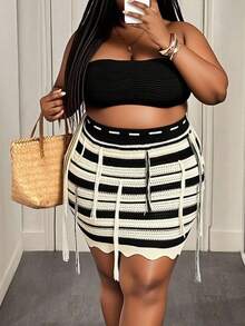 Slaydiva 2025 Neuankömmling Herbst & Sommer & Frühling Musikfestival/Osterparty Strand/Meer Khaki gestreifter Strick Ausgehöhlter Quastenstreifen-StrickrockGeburtstags-Outfits für Frauen Geburtstags-Outfits für Frauen