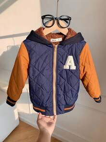 SHEIN 年轻男孩休闲学院风字母印花拼接撞色加厚抓绒连帽棉服外套，适合通勤、上学、居家、休闲、街拍、派对及户外活动，冬季 - 藏蓝色 - 查看 6