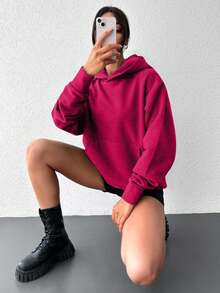 EURMUSE Áo nỉ có mũ trùm đầu túi rộng màu trơn thường ngày dành cho nữ, mùa thu - Màu Hồng Tươi - Xem 4