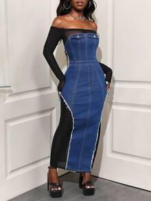 SHEIN BamGlam Robe en jean fendue à franges en maille noire élastique sexy pour femmes - Jean bleu - Voir 4
