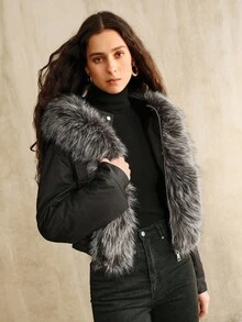 Anewsta Women's Casual Fashion Street Patchwork Faux Fur Hooded Cropped Jacket, Autumn/Winter - Black - View 8