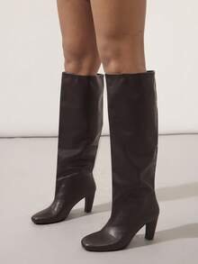SHUZIA Women's Glamorous Pointy Toe Thigh High Mid-Heel Boots - Chocolate Brown - View 2