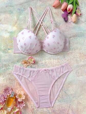 FloralLove 2 件套刺绣花卉 3/4 罩杯钢圈加厚聚拢前开合舒适半罩杯可爱浪漫蝴蝶结文胸套装女士