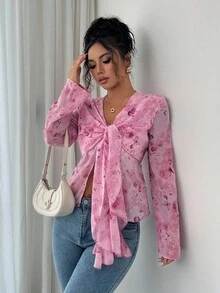 SHEIN Elenzya 女士优雅花卉透明喇叭袖蝴蝶结衬衫，秋季休闲长袖上衣 - 粉色 - 查看 2