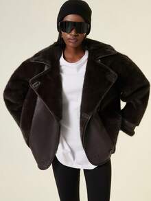 GENKIRA Áo khoác da nhung lông chồn mềm mại và ấm áp dành cho nữ, áo khoác xe máy lót nhiệt dày dặn, dáng rộng thoải mái, áo khoác phi công giả da mùa đông có lớp lót Borg - màu xanh lá - Xem 6