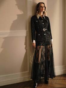 MOTF PREMIUM TWEED SEQUIN DETAIL CONTRAST COLLAR JACKET - Black - View 6