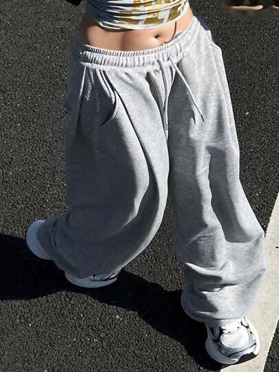 Dazy Plus Plus Size Loose Knit Sweatshirt & Drawstring Waist Long Pants 2pcs Set, All Season Fall Sweatpants