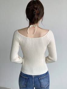 SHEIN LUNE Jersey de punto sexy con cuello en V y adornos de strass, 2 en 1, para mujer, primavera/otoño - Albaricoque - Ver 2