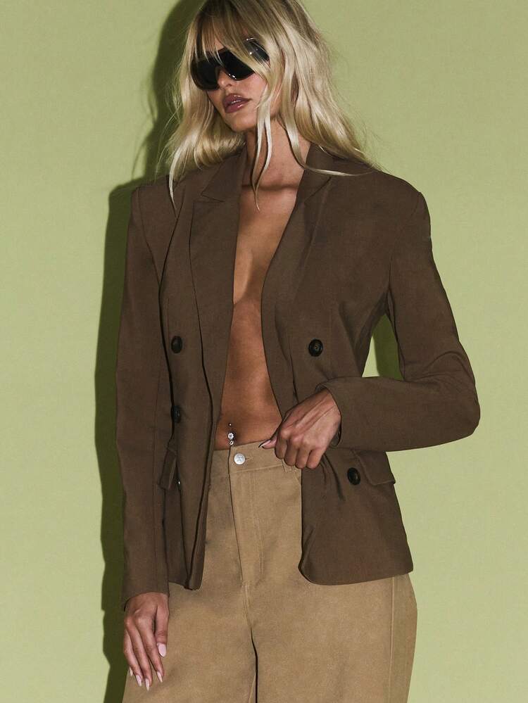 KIZN Double Breasted Blazer With Cinched Waist And Lapel Collar