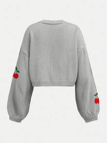 SHEIN Girlism Teen Girls' Grey & Red Cute Cherry Fruit Embroidery Versatile Knit Cardigan Sweater Jacket,In Fall/Winter - Light Grey - View 2