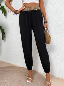 SHEIN PETITE 休闲度假纯黑色金属亮片饰边拼布休闲日常穿着斜口袋锥形九分裤 - 黑色 - 查看 6